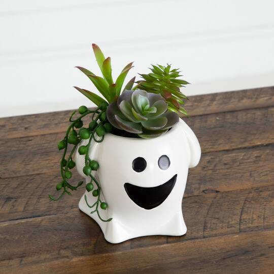 5" Artificial Halloween Succulent Garden in Happy Ghost Planters Set